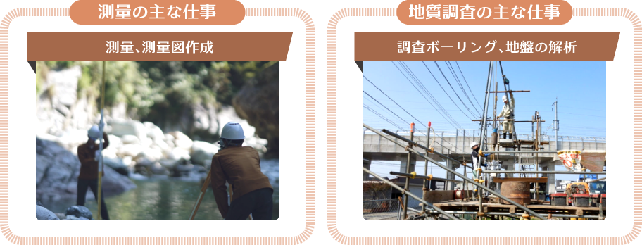 測量の主な仕事【測量、測量図作成】、地質調査の主な仕事【調査ボーリング、地盤の解析】