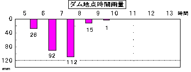 城端ダムの洪水調整機能を説明するための時間雨量グラフ