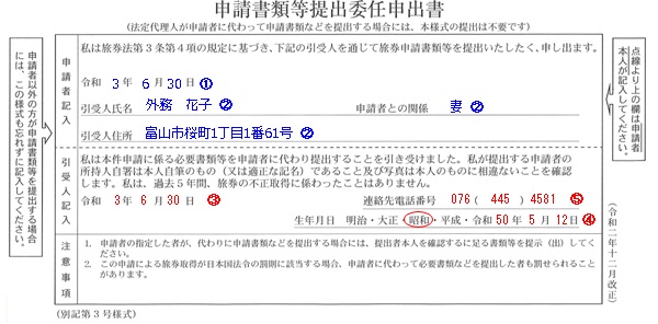 申請書類等提出委任申出書記入例