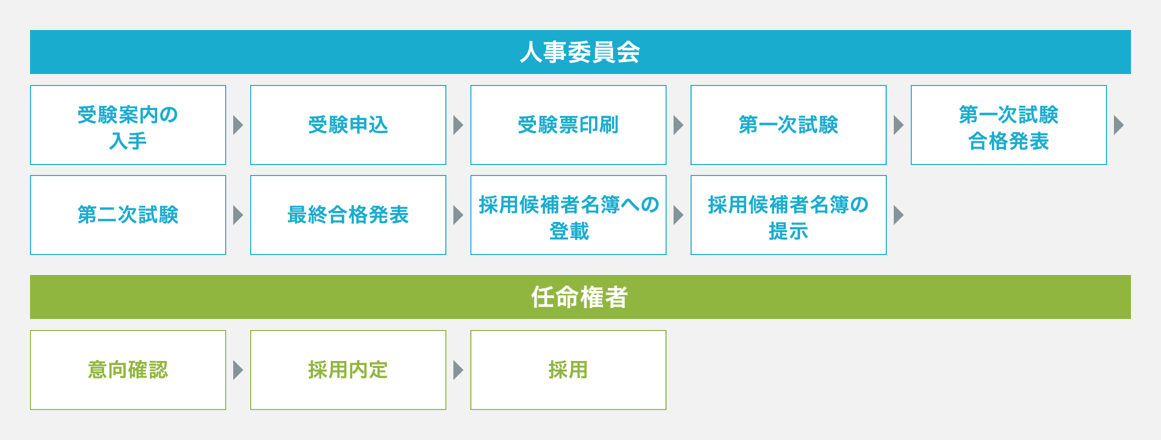 人事委員会：受験案内の→受験申込→受験票印刷→第一次試験→第一次試験合格発表→第二次試験→最終合格発表→採用候補者名簿への登載→採用候補者名簿の提示、任命権者：意向確認→採用内定→採用