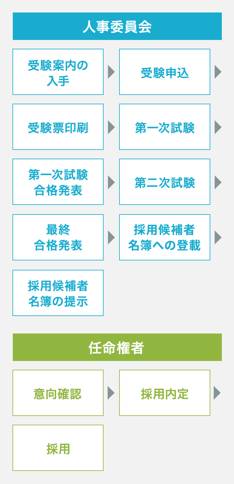 人事委員会：入手→受験申込→受験票印刷→第一次試験→第一次試験合格発表→第二次試験→最終合格発表→採用候補者名簿への登載→採用候補者名簿の提示、任命権者：意向確認→採用内定→採用